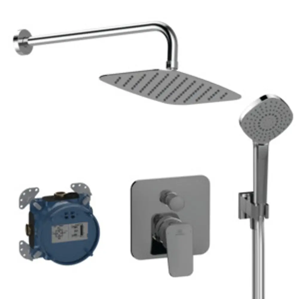 Armaturen-Bundle von Ideal Standard mit einer großen Regendusche, Handbrause und einladendem Bedienfeld für die Wassereinstellung. Ein Baukasten-System für moderne Bäder.